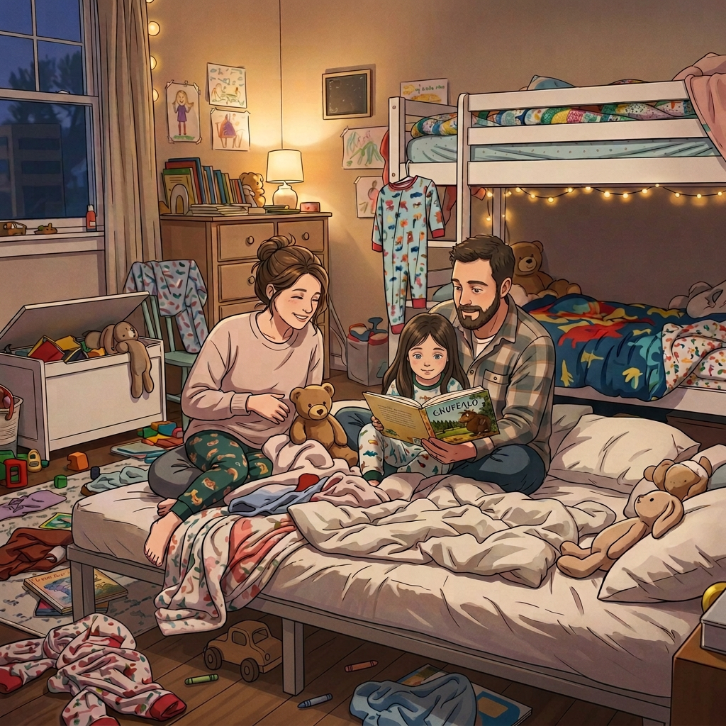 Parents and three children reading a picture book together on a bed